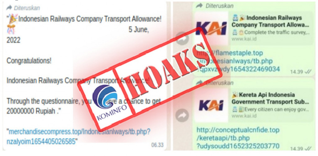 [HOAKS] Tautan Hadiah Uang Rp20 Juta dan Promo Mengatasnamakan PT Kereta Api Indonesia (Persero)